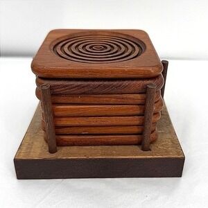 Wood Coaster Set of 7 w/ Holder Concentric Circles MCM Barware Rustic Lodge Core
